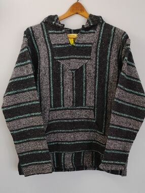 Vintage Iguana Jack Baja Jerga Hoodie Black Gray Teal Striped Good Condition - M